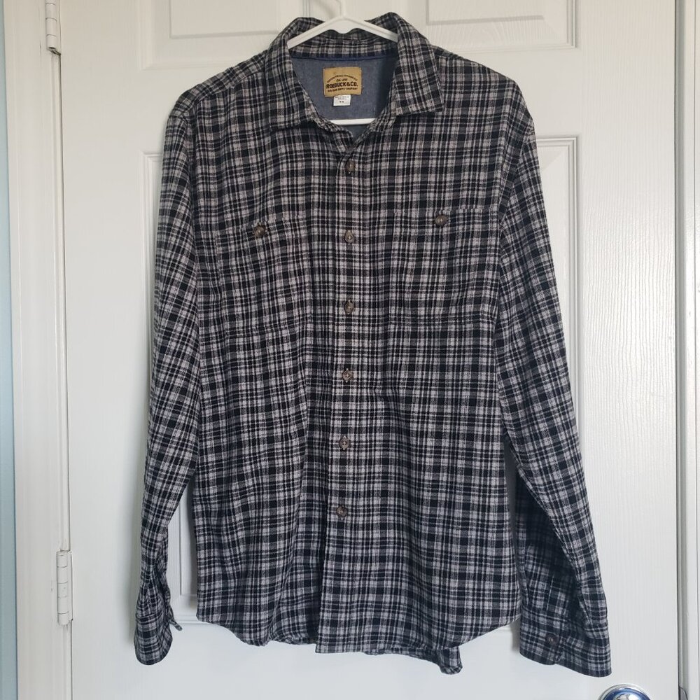 Vtg Sears Roebuck & Co Flannel Shirt Mens M Gray Black Plaid Grunge Y2K Grandpa